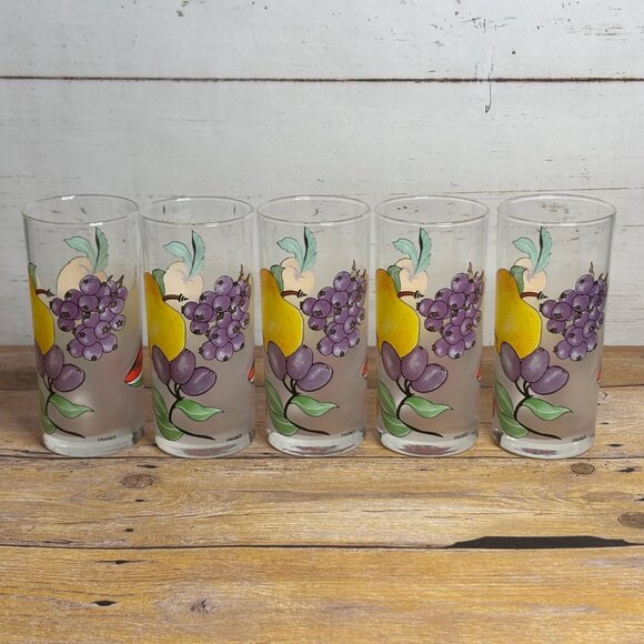 Set of 5 Vintage French Fruit Tumblers – Frosted Mid-Century Drinking Glasses - Picture 5 of 7
